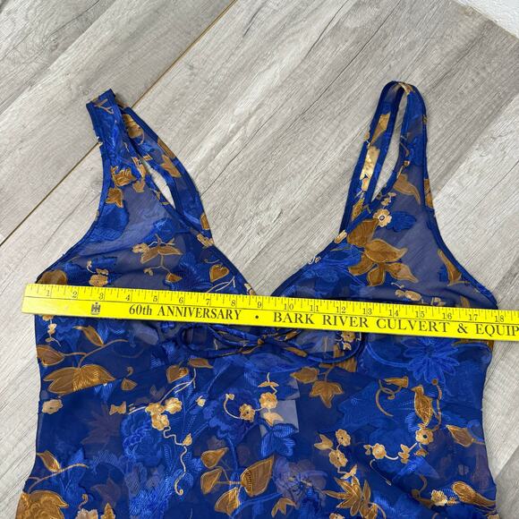 Vintage Sheer Night Grown Slip Dress Blue Floral V-Neck Size Medium - Picture 7 of 7